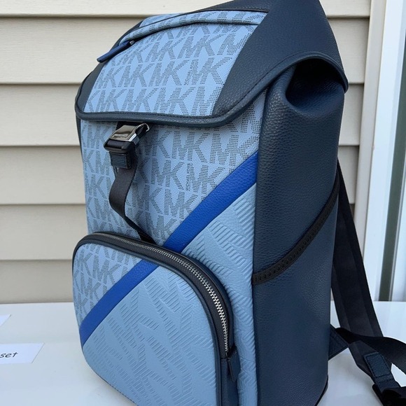 Michael Kors Mens Backpack Cooper Embossed Leather Logo Stripe Backpack Chambray - Picture 3 of 10